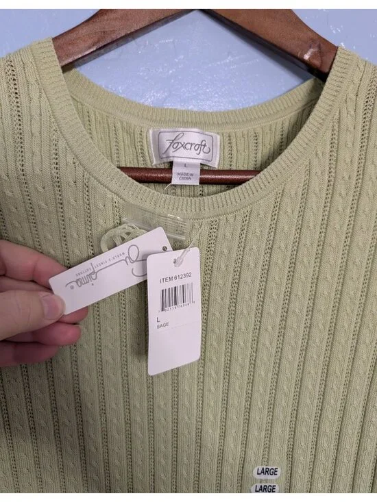 Foxcroft Women Sage Green Supima Cotton 2 Piece Cardigan Shell Set Size L Ribbed - Picture 3 of 16